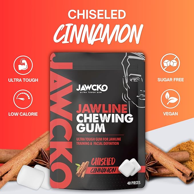 JAWCKO Ultra-tough Jawline Chewing Gum | Get a Stronger, Squarer Jawline | Cinnamon Jaw Training Hard Gum | Chisel, Sculpt, & Tone your Jaw | 15X Hardness | Facial Fitness Mewing Gum | 40 Pieces/Pack