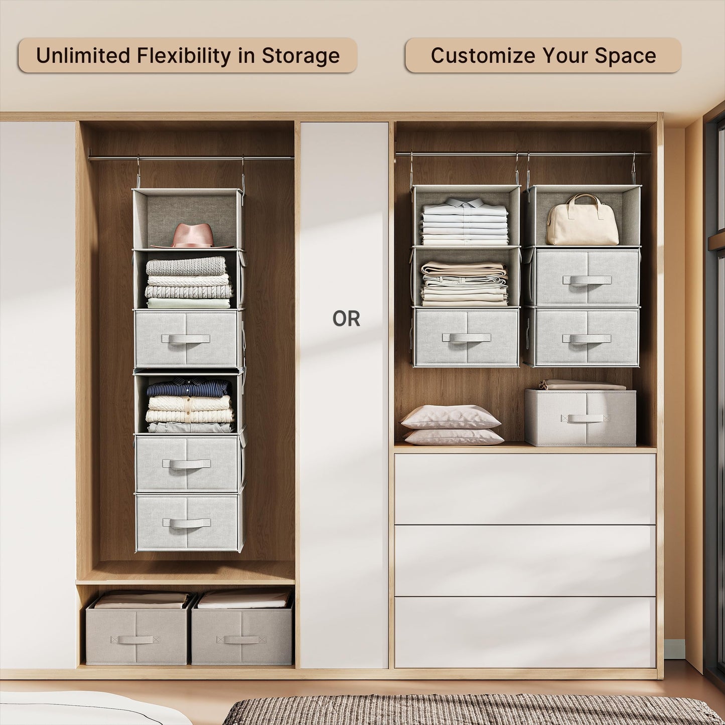 Vailando 6-Shelf Hanging Closet Organizer with 3 Drawers, 2 Separable 3-Shelf Closet Organizers and Storage for Wardrobe Organization, Hanging Dresser for Nursury & Dorm Clothes Organizer