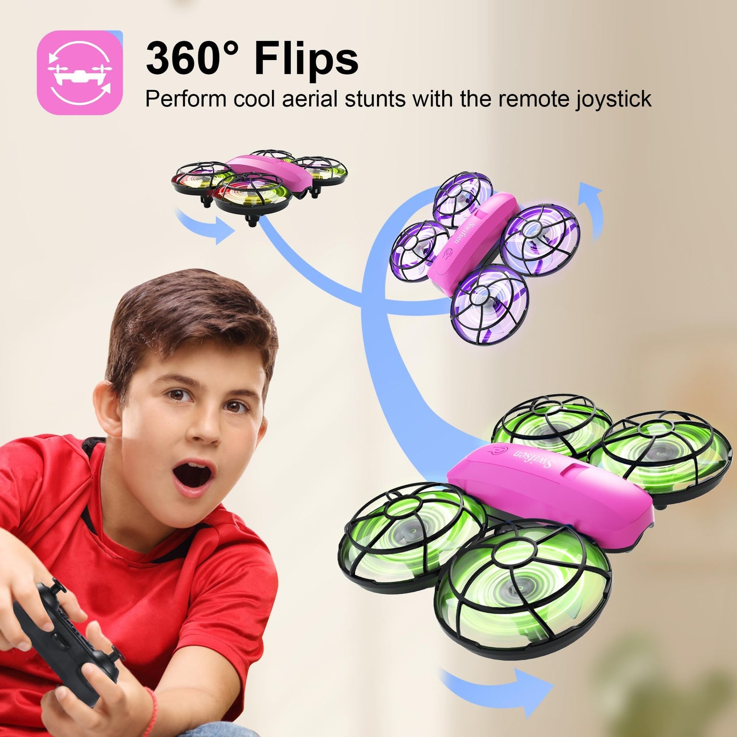 Swifsen Kids Drone with Camera & Optical Flow Positioning - Mini RC Quadcopter with Full Protection Guard, 2 Modular Batteries, Colorful LED Lights - Easy to Fly Gift for Boys & Beginners (Upgraded Version).