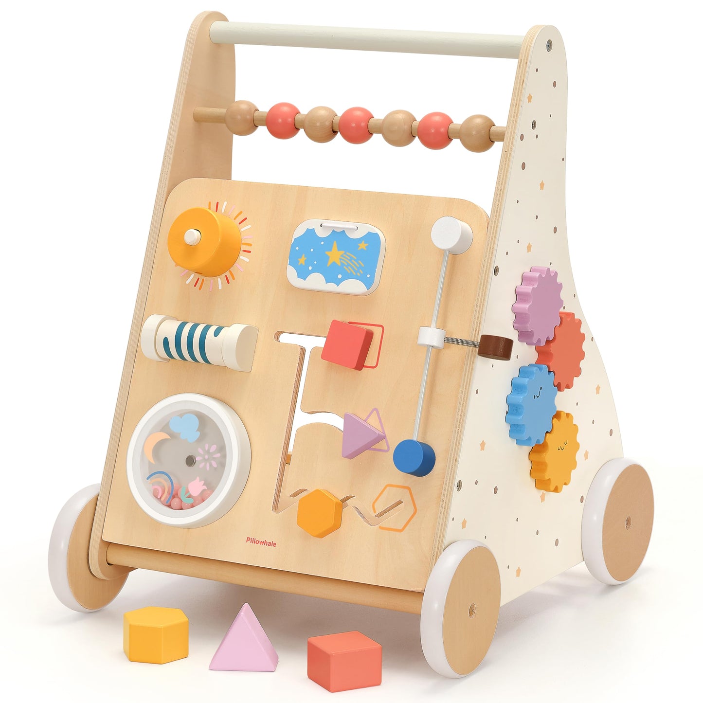 Pillowhale Wooden Baby Walker for Toddlers Learning to Walk, Push Walker Toy with Montessori Activity Center & Adjustable Brake, 12M+ (Spring Bird)
