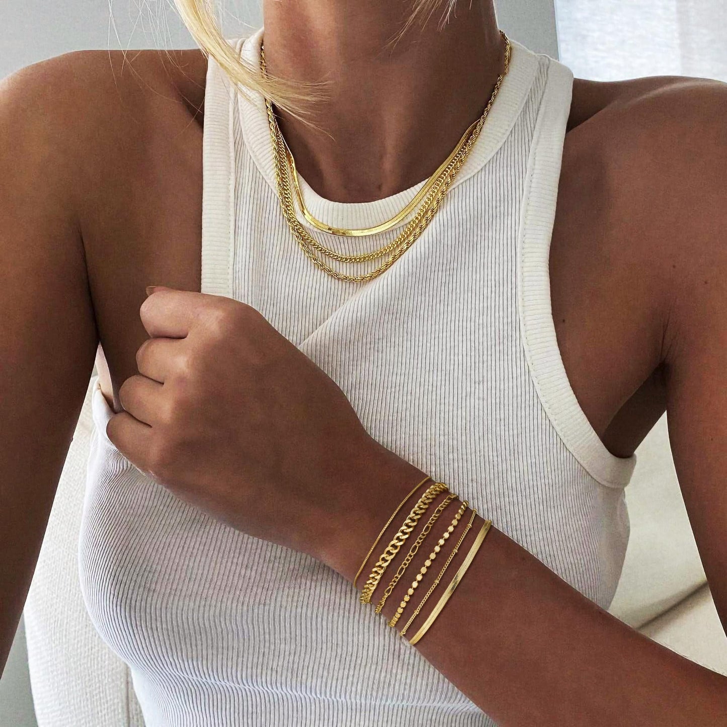 DEARMAY Dainty 14K Gold Plated Chain Bracelet Set for Womens Trendy Waterproof Gold Jewelry Fashion Stackable Box Cuban Figaro Herringbone Link Bracelets Pack Stack Gifts