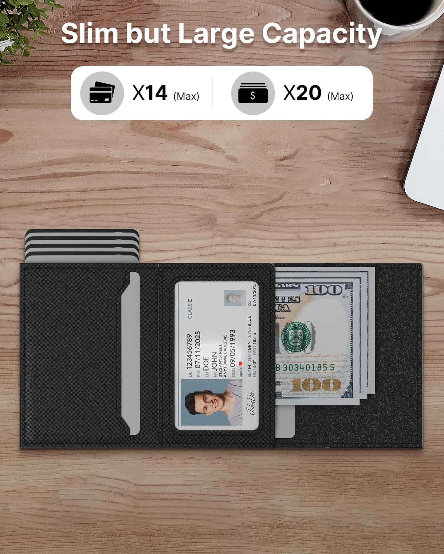 typecase Mens Wallet Card Holder: Pop Up Aluminum Case, Genuine Leather, Smart, RFID Blocking, Slim, Minimalist, Front Pocket - 9-14 Card Capacity | ID Window | Cash Slot (Cross Black)