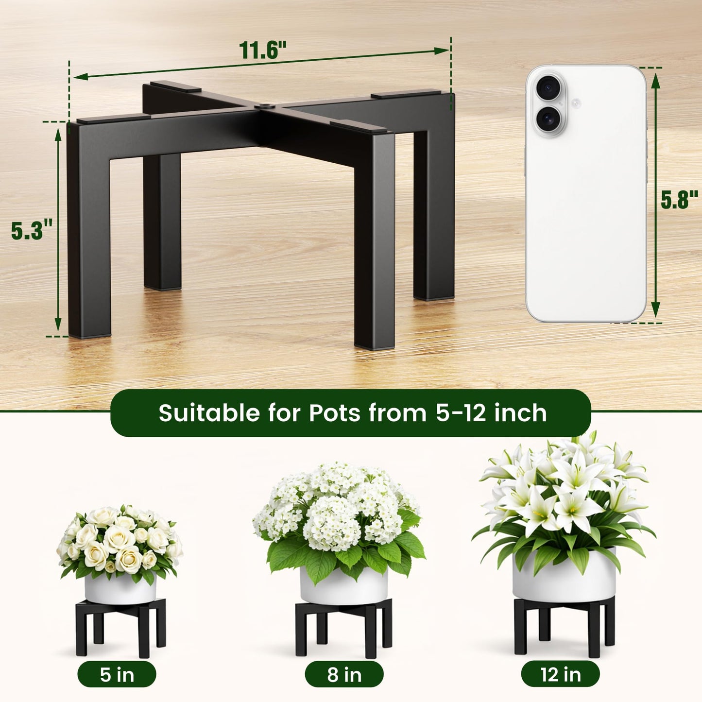 pickpiff Plant Stand Indoor Outdoor Flower Holder Riser Low Profile 150lbs Heavy Duty For Pots 5–12'' Black, Metal