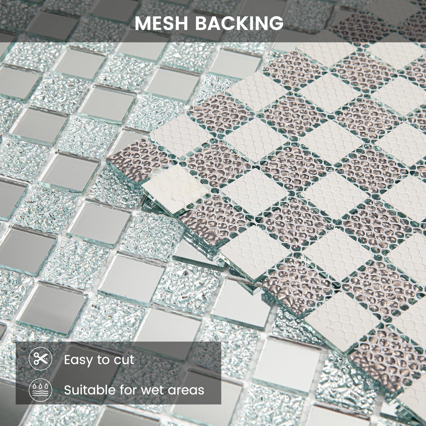 Adedeo Crystal Diamond Mirror Mosaic Tile Square Glass Mosaic Tile for Kitchen Backsplash Bathroom Wall (6 Sheets, Silver Square Flat Mirror)