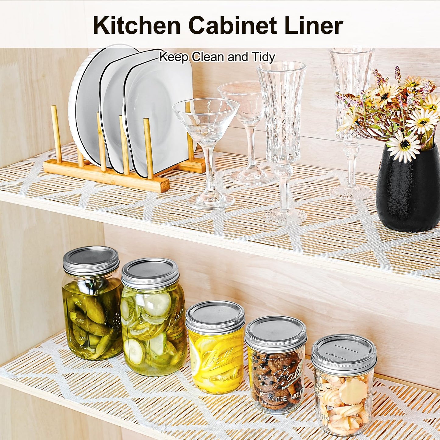 Drawer and Shelf Liner for Kitchen Cabinet,Non-Adhesive Cabinet Liner 12in x 20FT,Waterproof Shelf Paper Non-Slip Mats Cupboard Liners Contact Protect Dresser/Shelves/Table-Brown Stripes