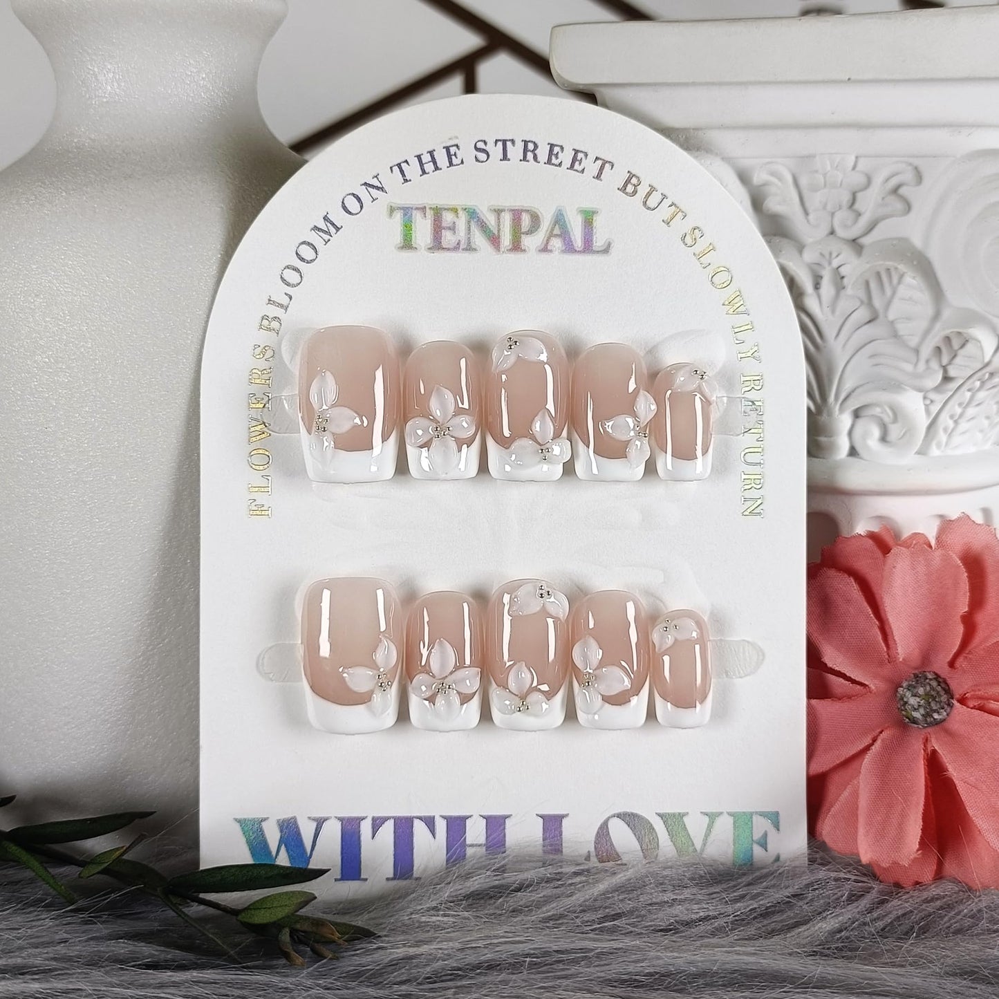 TENPAL 10Pcs Handmade Press On Nails Medium With Tools,Nude White French Tip Square Fake Nails with Designs,Hand-Painted White Floral Sculpted Salon Acrylic Glue on Nails for Wedding Party Daily(XS)