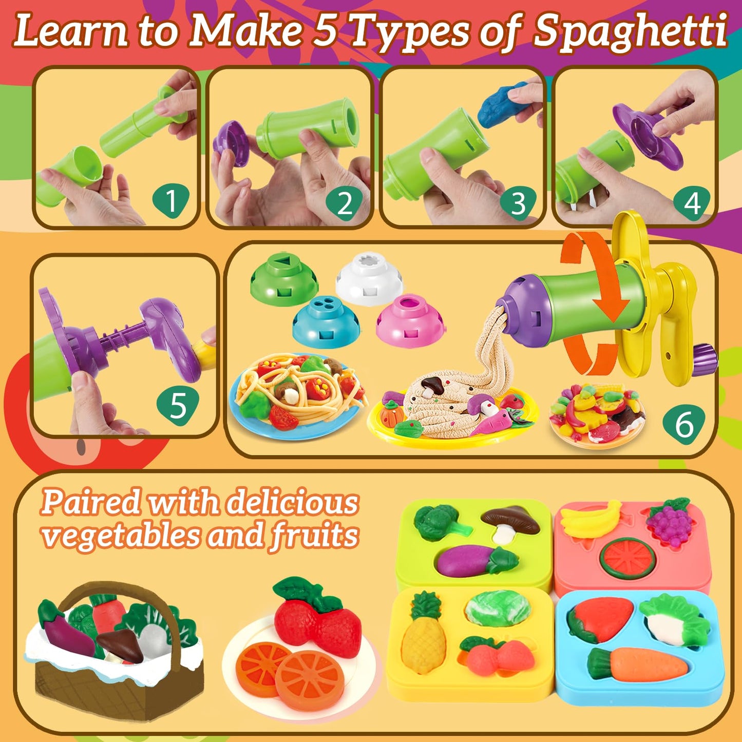 31 Pcs Dough Tools, Dough Play Tools Set + Kitchen Spaghetti Maker Machine Clay and Dough Accessories with Rolling Pins, Clay Cutters, Safety Scissors, 3D Dino & Animal & Fruit Molds