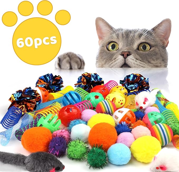 QUOZUO Kitten Toys, 60PCS Cat Balls Springs Toy Set, Cat Mouse Toy, Kitten Sparkle Crinkle Balls Furry Soft Pom Pom
