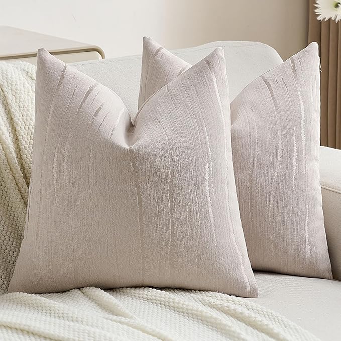 FUTEI Beige Chenille Decorative Throw Pillow Covers 22x22 Inch Set of 2,Soft Embossed Striped Textured Cushion Case,Modern Home Decor for Couch Bed Living Room