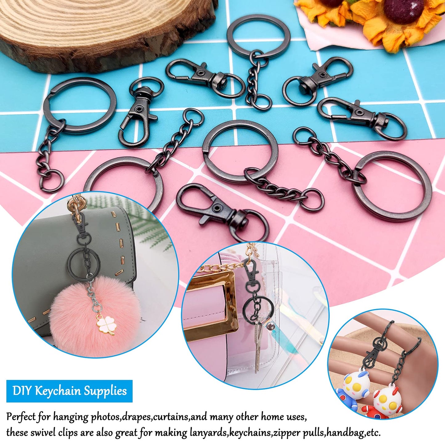 150Pcs Swivel Snap Hook Set,Gun Black Swivel Clasps Lanyard Snap Keychain Hooks Lobster Clasp Split Key Rings with Chain and Jump Rings Bulk for Keychain Lanyard,Charm,Jewelry,DIY Crafts Supplies