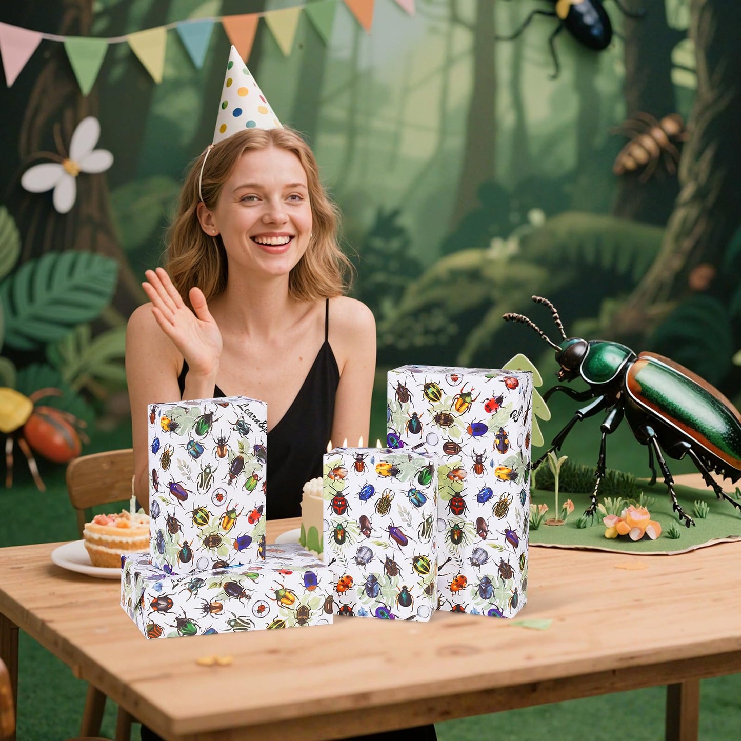 Insect Wrapping Paper Roll - 17Inch x16.4Feet - Beetle Bugs&Leaves Colorful Gift Wrap for Nature Parties,Birthdays,Celebrations