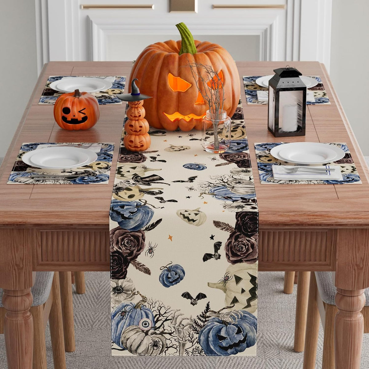XCHI Spooky Blue Pumpkin Halloween Table Runner Party Table Decoration for Home Kitchen Dining Holiday Decor 13x90 Inch