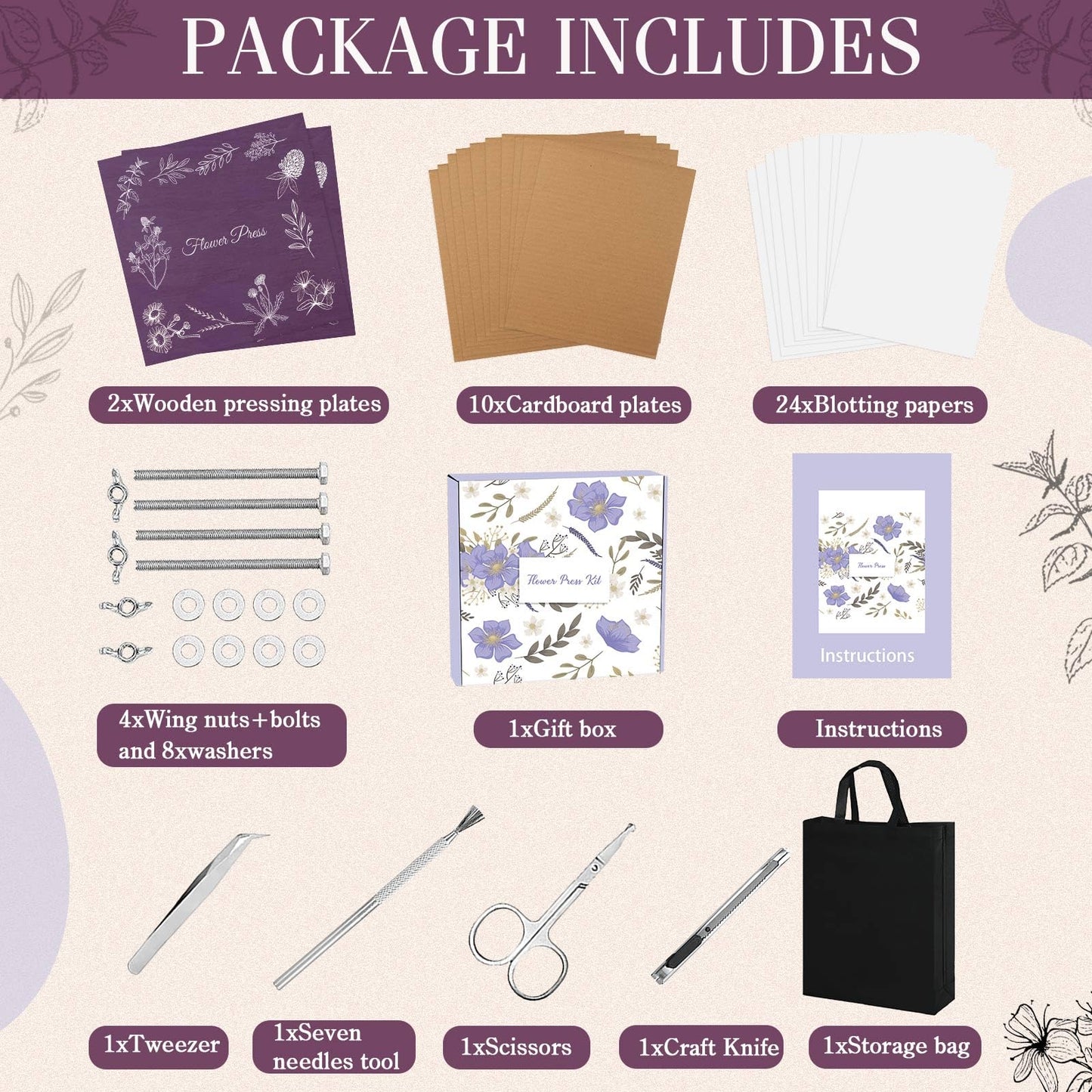 Hoolerry Extra Large Flower Press Kit 11" x 11" Wooden Floral Presser 10 Layers Wedding Bouquet Preservation Kit Dried Flower Art for Bookmark Floral Drying Gift(Lavender)