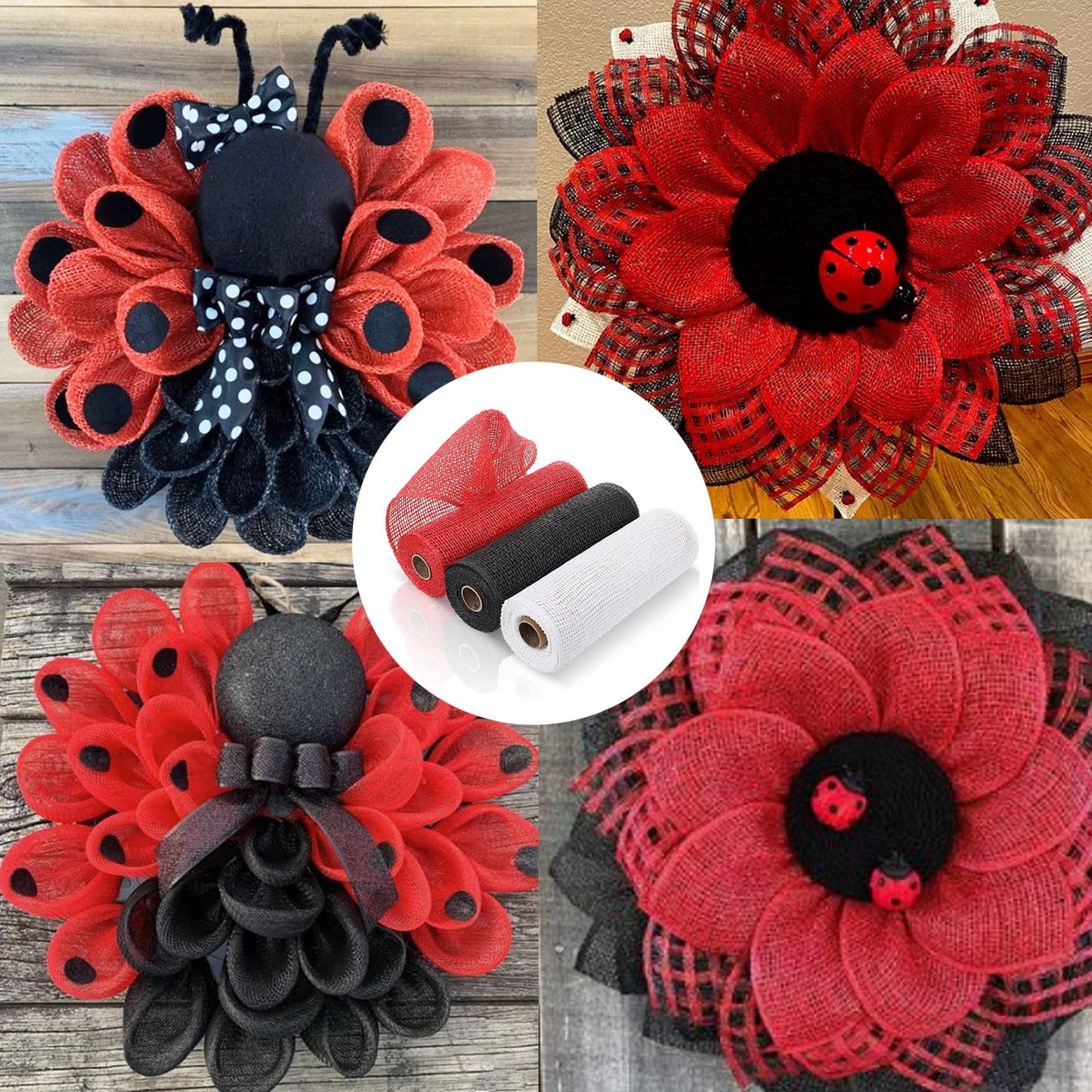 Chuangdi 3 Rolls Poly Burlap Deco Mesh 10 Inch Black White Red Deco Poly Decorative Mesh Ribbon Wrapping Ribbon Rolls for Home Door Wreath Decoration DIY Crafts Making