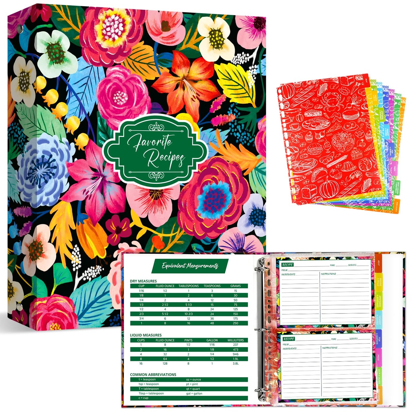 3 Ring Recipe Binder, 8.5x11 inch 3 Ring Recipe Binder Kit with 50 Plastic Sleeves Protectors, 100 Packs 5x7 inch Recipe Cards & 8 Category Divider Tabs, Organizer Set Blooming Flowers Design