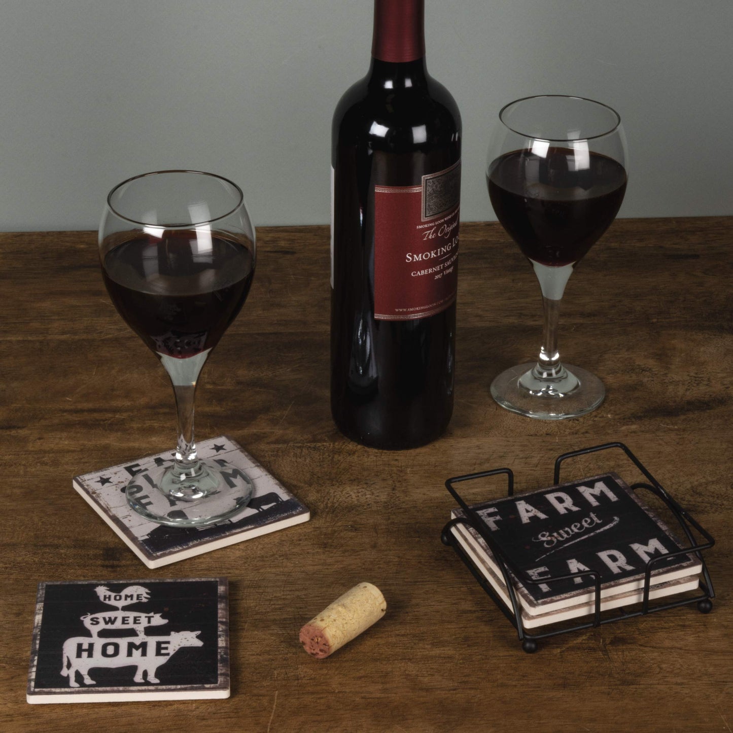 Primitives by Kathy Set of 4 Absorbent Stone Coasters, Rustic Farmhouse Coaster Designs, Farm Sweet Farm, Includes Wire Holder, Slatted Wood Style with Distressed Details, 4 by 4 Inches Each