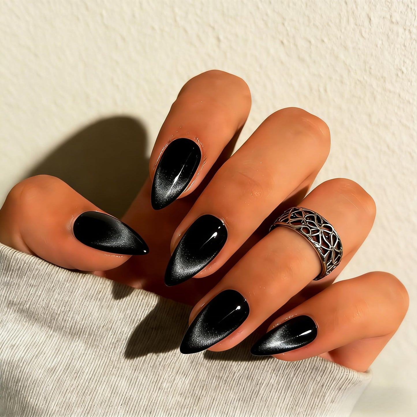 KQueenest Cat Eye Press On Nails Almond - Black Press On Nails Medium Stiletto, 30 Pcs 15 Sizes Glitter Fake Nails Press ons, Upgrade Thick Quality, Reusable Glue on Nail for Women Goth Party