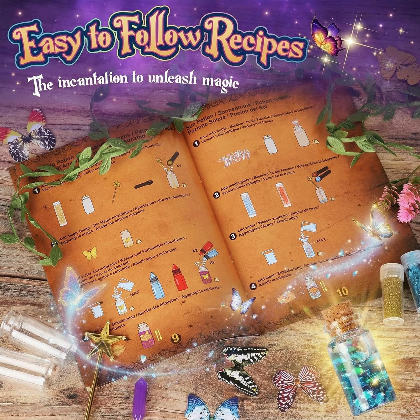 Alritz Fairy Potions Kit for Kids - Magic Potion Making Kit 20 Bottles, Glitter Crystals, Birthday Gifts for Girls 6 7 8 9 10 11 12 Year Old, Creative Craft Indoor Activity Party