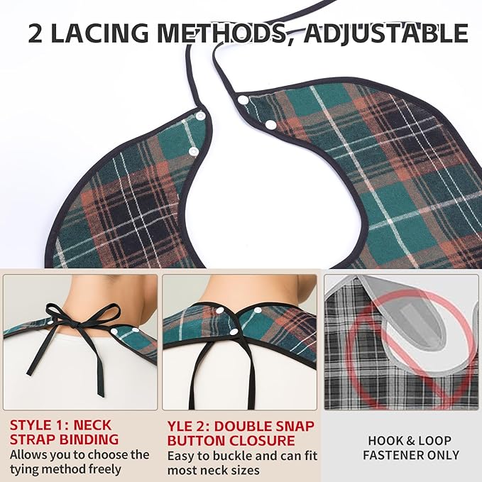 XKDOUS 2pcs Adult Bibs For Men Washable, Reusable Waterproof Large Bibs For Adult, Clothing Protector With Crumb Catcher, Brown & Green Bibs For Eating, Feeding Elderly Senior Citizens Gifts