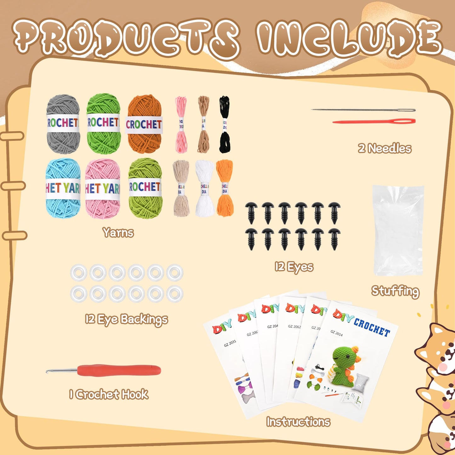 FHFTHYH 6Pcs Crochet Kit for Beginners, DIY Craft for Adults, Great Gift for Crochet Lovers, Crocheting Animal Kits with Step by Step Videos,Yarn,Crochet Hook,Birthday Holiday Gift