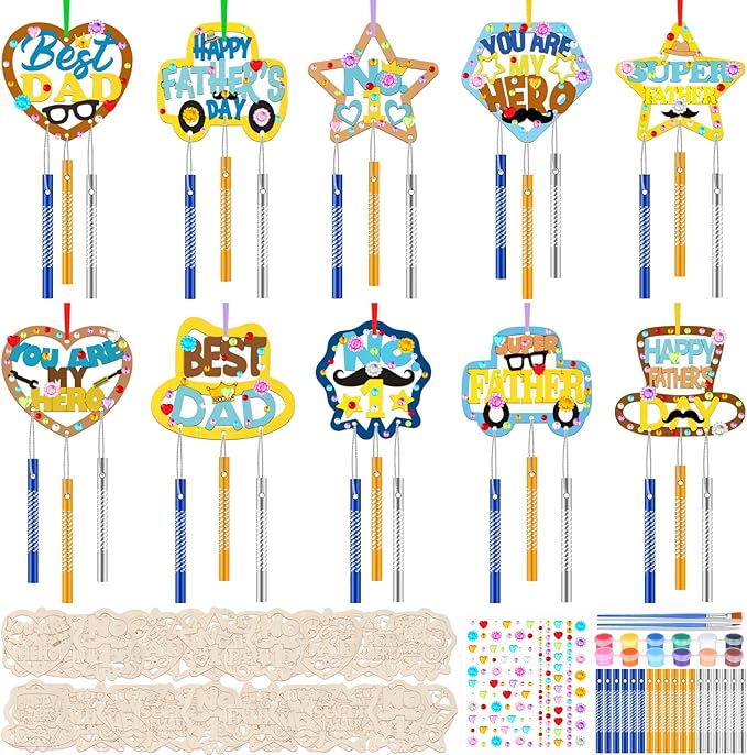 DoubleFill 30 Pack Wind Chime Kit Make You Own Father's Day Wind Chimes Crafts DIY Coloring Wooden Father's Day Art and Craft for Dad's Birthday Gifts Party Decoration Hanging Ornaments