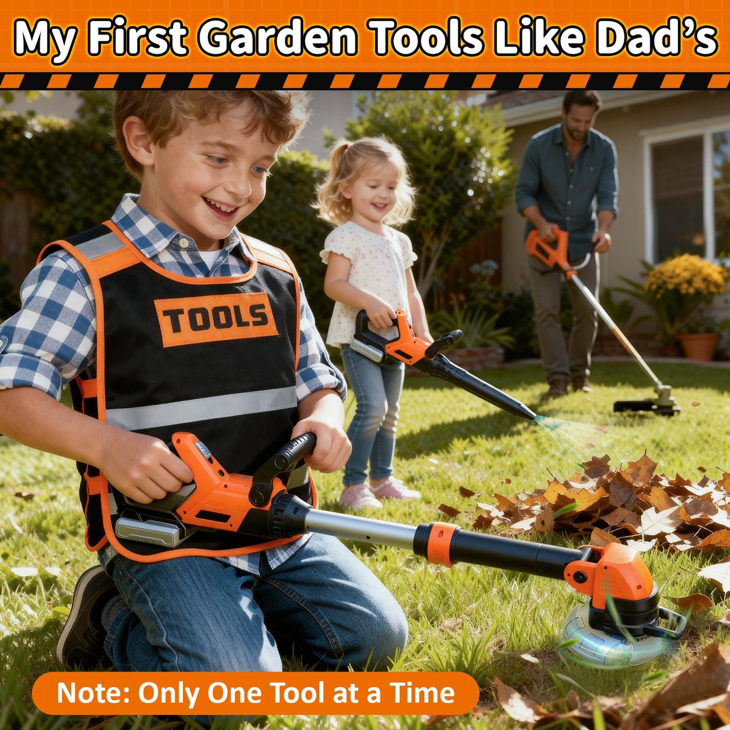 KidBloom Kids Gardening Tools Set with Vest, 2-in-1 Kids Lawn Mower & Kids Leaf Blower with Lights & Sounds, Toy Weed Wacker with Goggles & Mask, Outdoor Pretend Play Toys, Birthday Gifts for Boys 3+