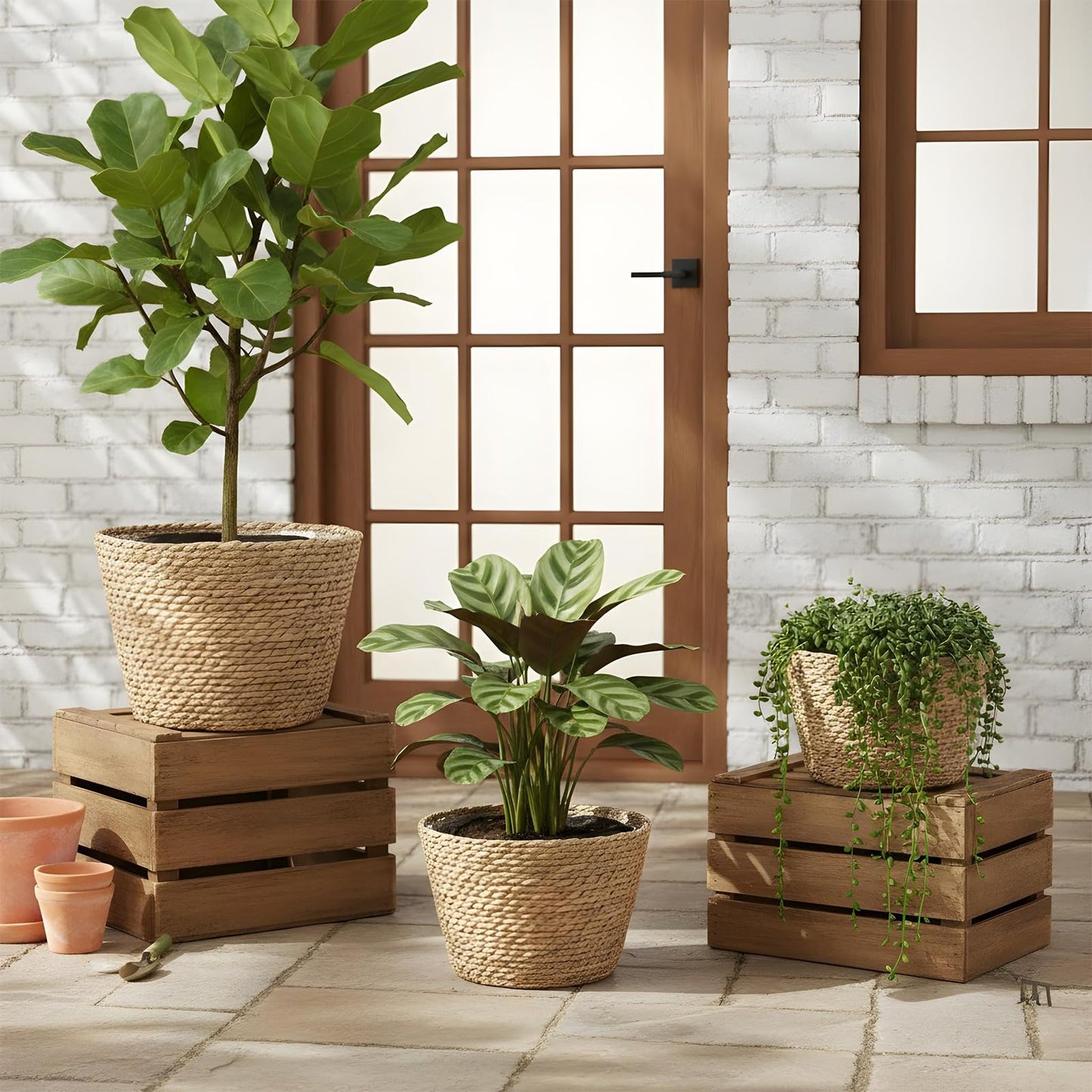 simarro 3 Pack Seagrass Planter Basket, 3 Sizes Stylish Plant Containers Flower Pots with Plastic Lining Woven Baskets for Plants Indoor and Outdoor