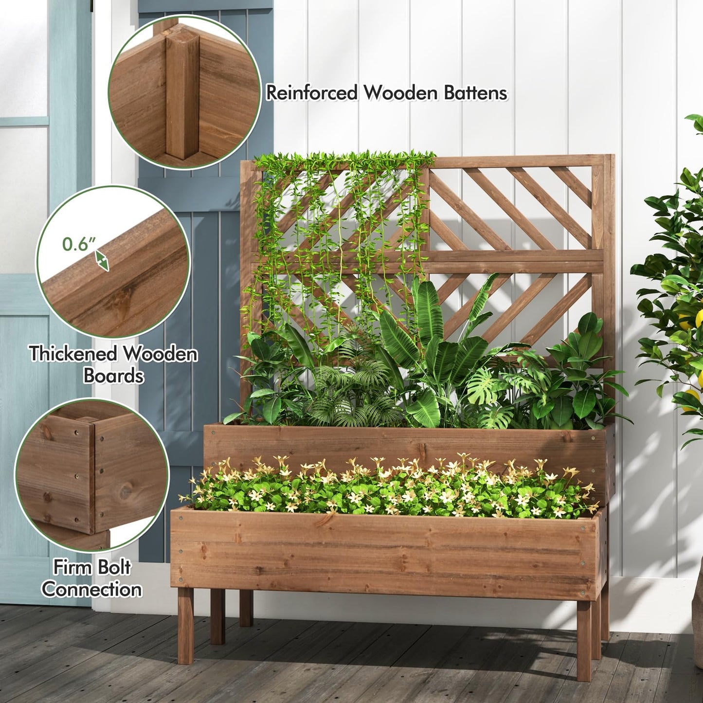LDAILY Raised Garden Bed with Trellis & 2 Planter Boxes, 2-Tier Wooden Raised Bed with Bottom, Elevated Legs & 10 Drainage Holes, Gardening Planter Box for Flowers/Vegetables/Fruits in Backyard Patio
