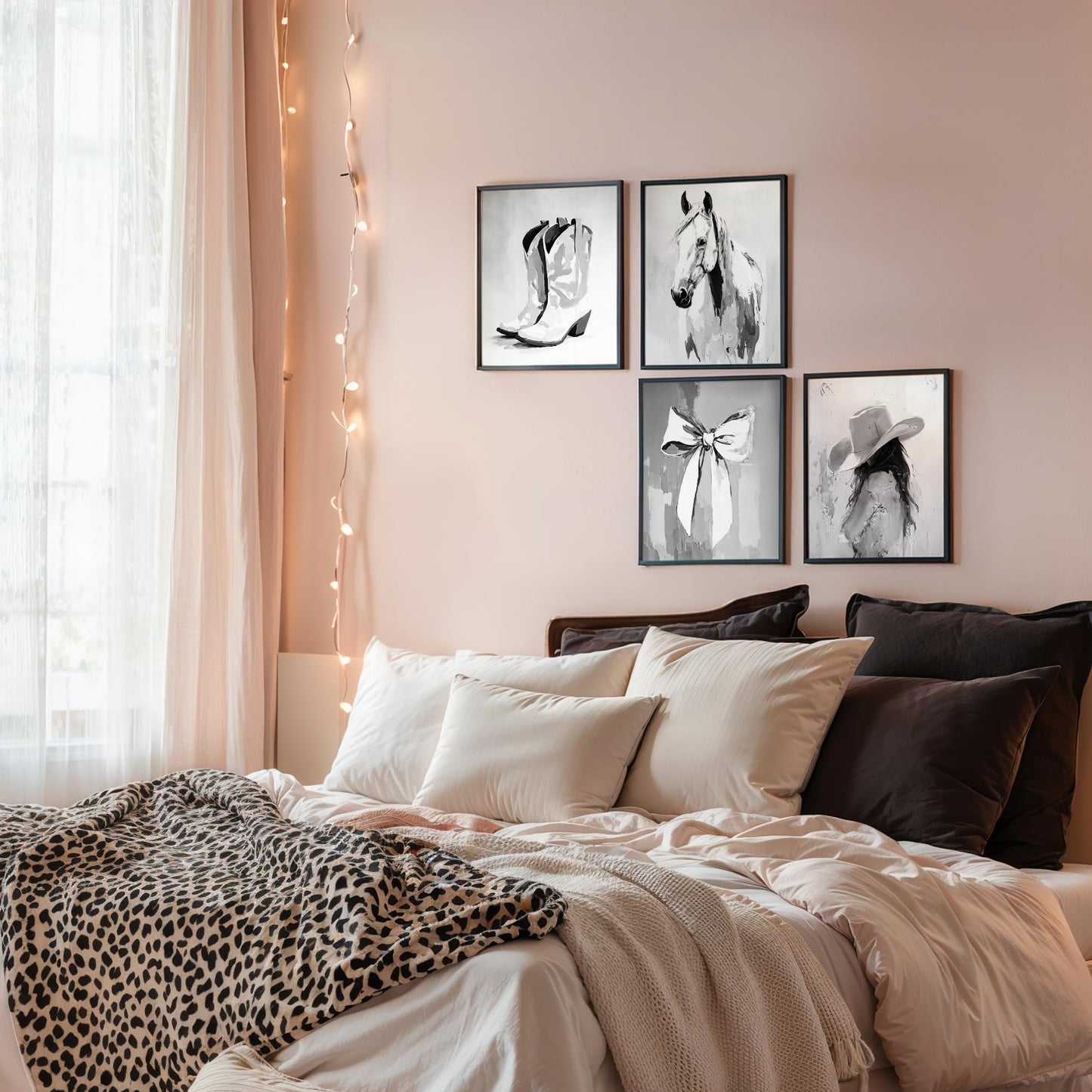 DOFQZ Western Coastal Cowgirl Wall Art Prints Set of 4, Coastal Cowgirl Home Room Decor, Neutral Country Western Coquette Bow Horse Posters for Girls Bedroom Dorm Decor, 8x10 Unframed