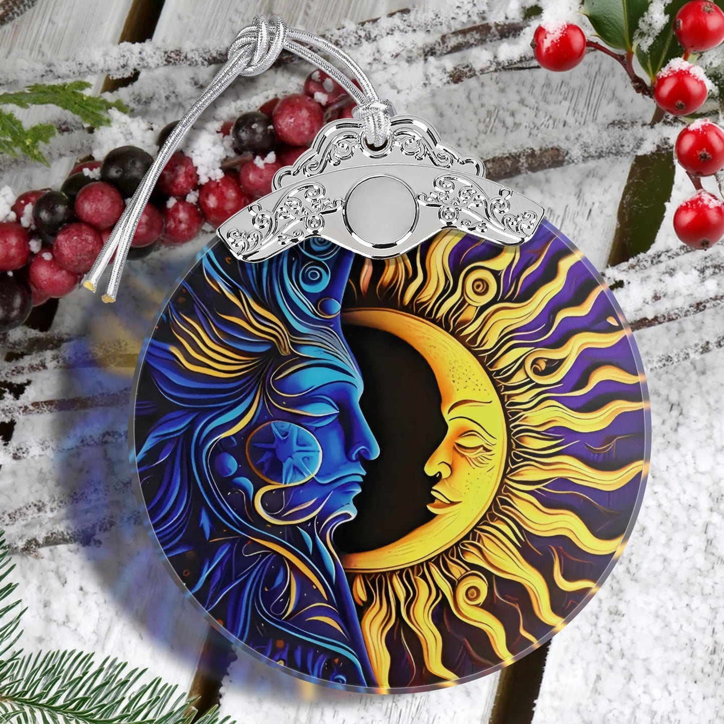 Sun Moon Christmas Ornament - Stained Glass Hanging Decoration for Holiday Tree, Home Decor, Gift Exchange Idea - Sun and Moon Last Forever