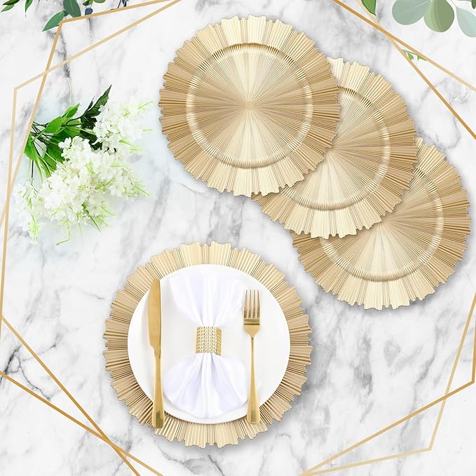Mifoci 24 Pcs Champagne Gold Charger Plates Bulk 13 Inch Plastic Round Chargers Fluted Edge Dinner Plate Wedding Decoration for Table Setting Wedding Party Event Tabletop