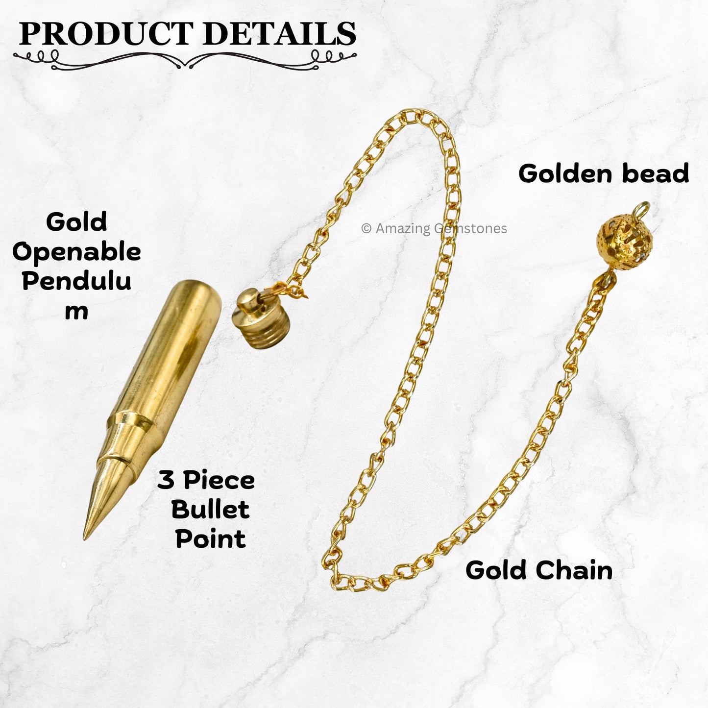 Amazing Gemstone Healing Metal Pendulums for Divination, Gold 3 Piece Bullet Point Steel Copper Pendulum High Energy Pendulo de Bronce Pendulos de Mesa MP53