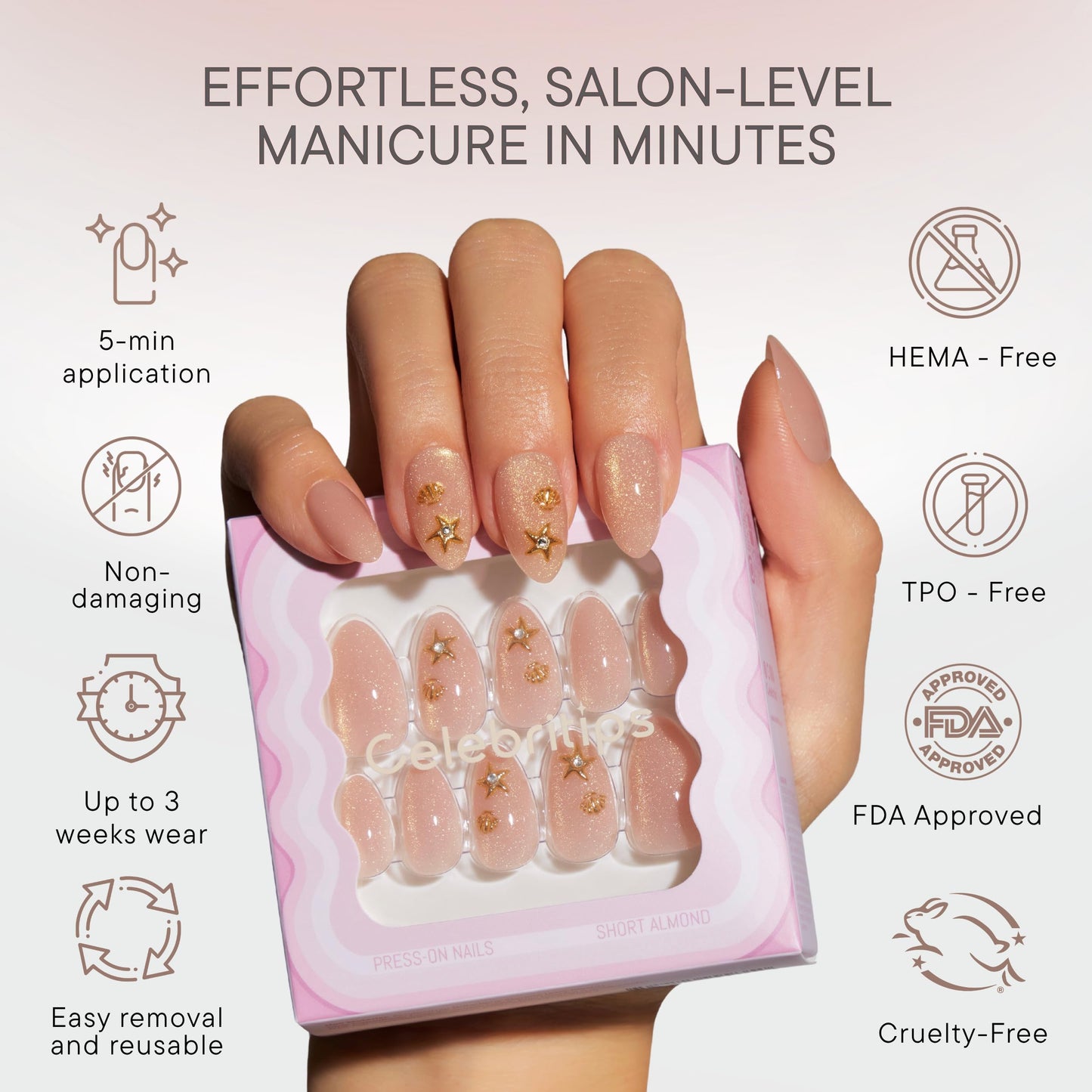 Celebritips Nail Art Press-Ons | Short Almond Nails, Reusable | 16 sizes - 32 Nails Kit with Super-hold Nail Glue and Sticky Tabs (Golden Water Fairy)