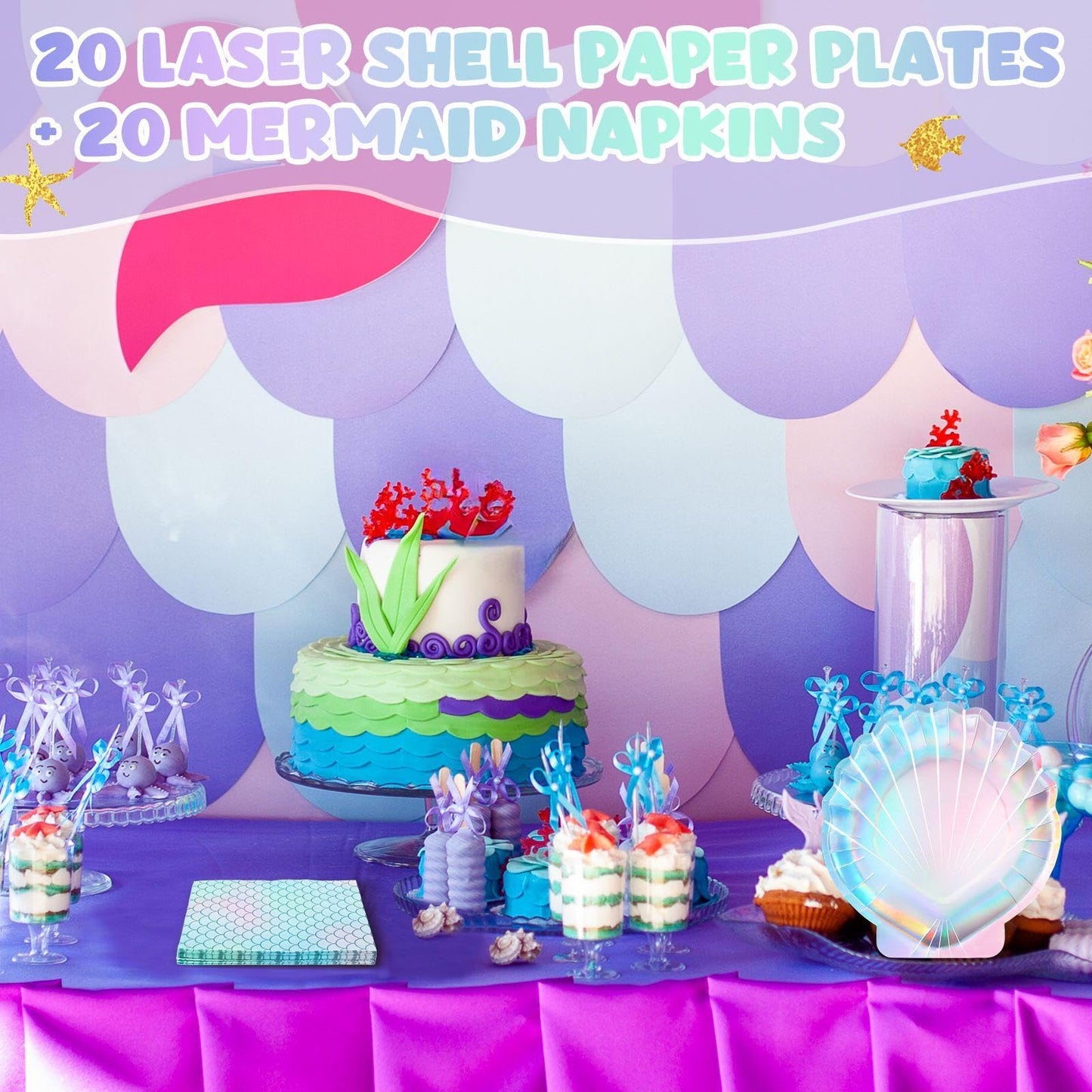 Gersoniel 40 Pcs Iridescent Mermaid Party Supplies Set, 20 Clam Shell Plates and 20 Scales Napkins Mermaid Party Decorations Disposable Paper Plates and Napkins Seashell for Birthday (Shell)