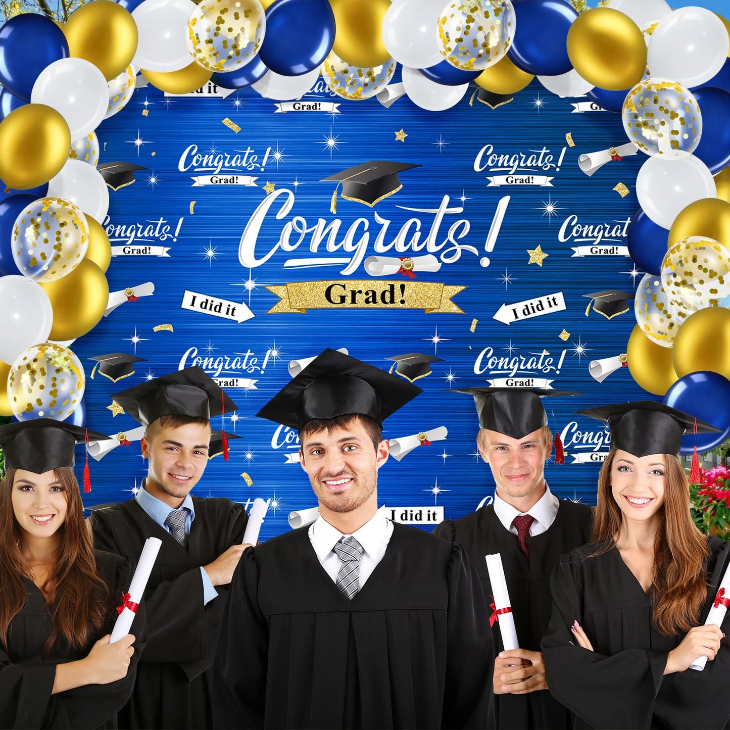 Graduation Party Decorations Including Congrats Grad Photography Backdrop Banner Balloons Garland Arch Kit for Adults Kids Grad Party Decoration Supplies (Navy Blue and Gold)