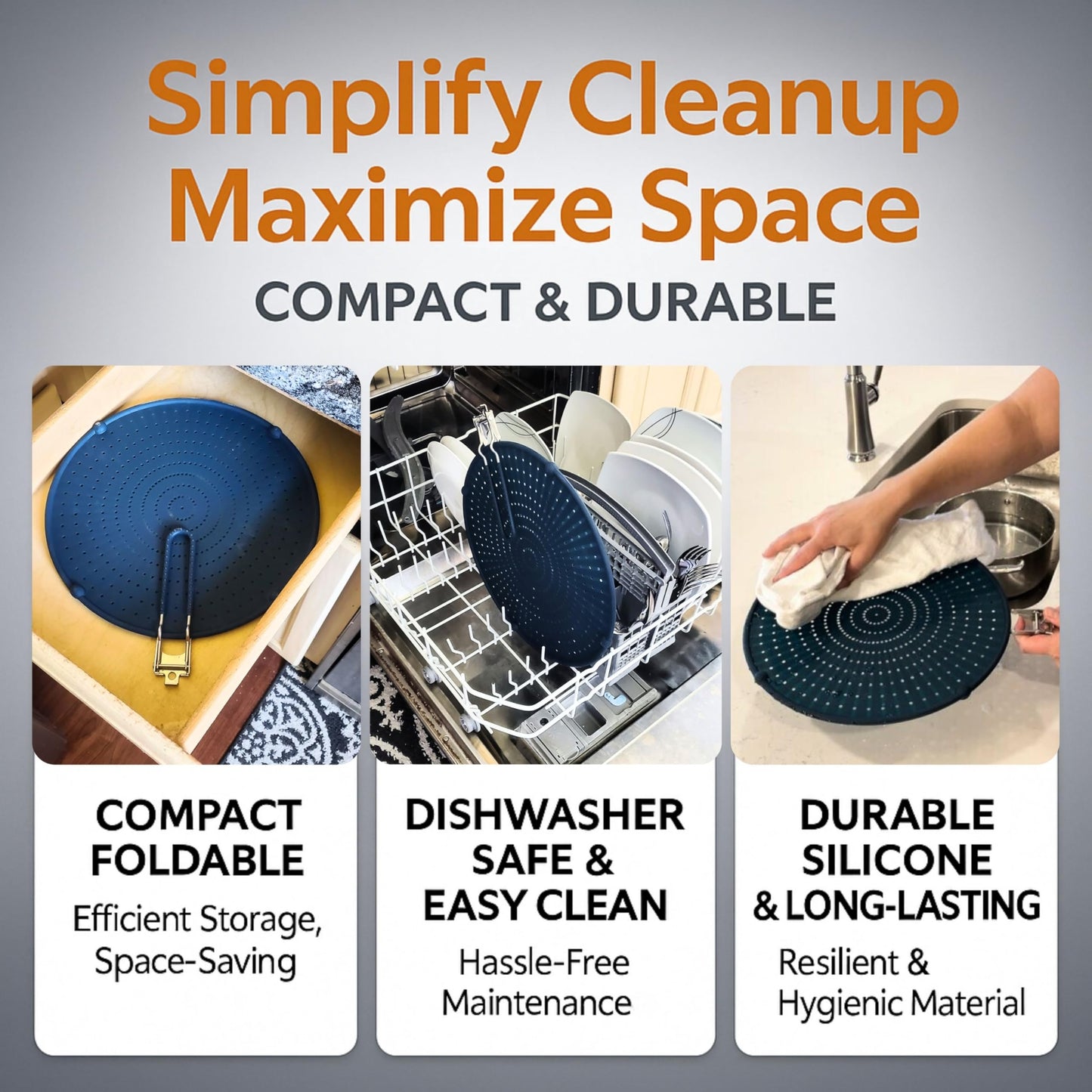 Silicone Splatter Screen for Frying Pan, 13” Navy – Grease & Oil Splatter Guard, Heat Resistant, Dishwasher Safe, Foldable Handle with Sleeves – Splash Guard Fits 10–12” Pans, Most 13” Skillets