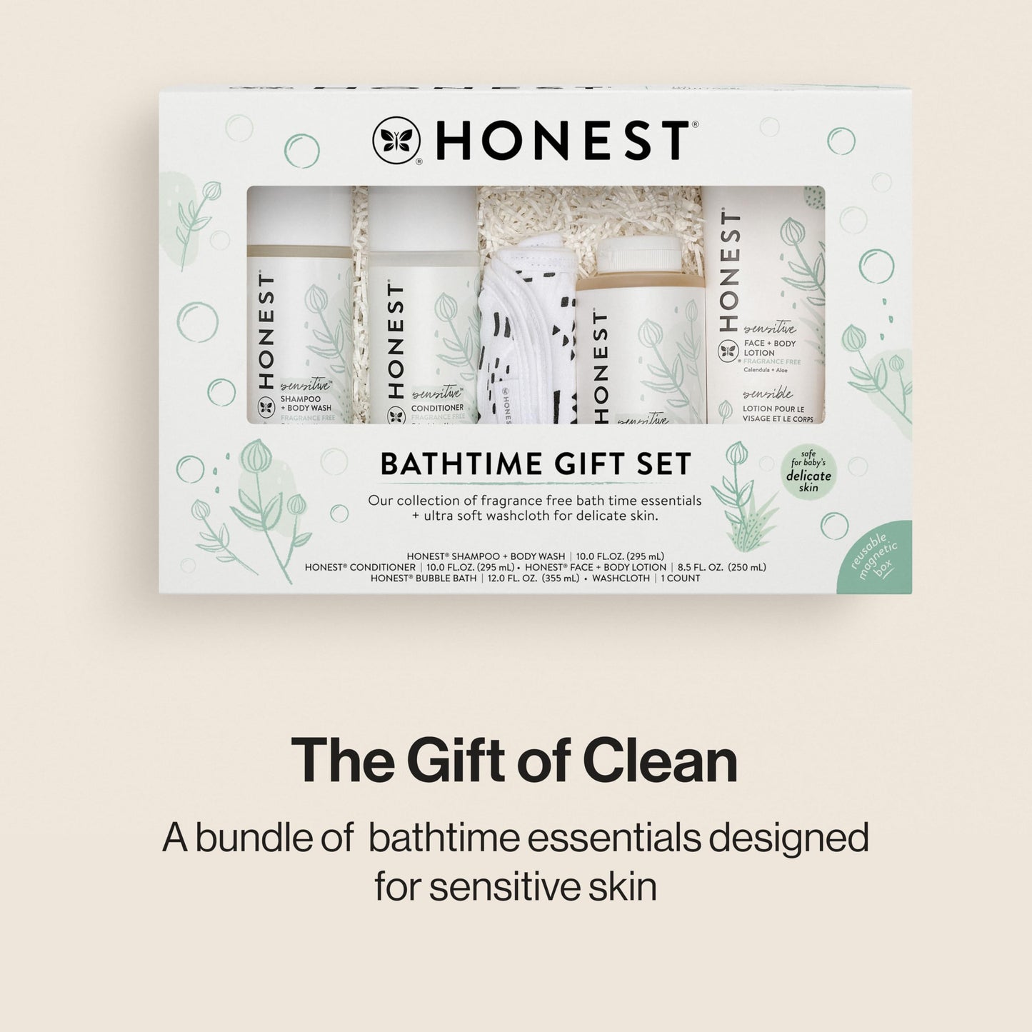 The Honest Company Fragrance-Free Bathtime Gift Set, Hypoallergenic, Bath Essentials for Sensitive Skin, Shampoo and Body Wash, Face Lotion, Bubble Bath, Conditioner, Wash Cloth