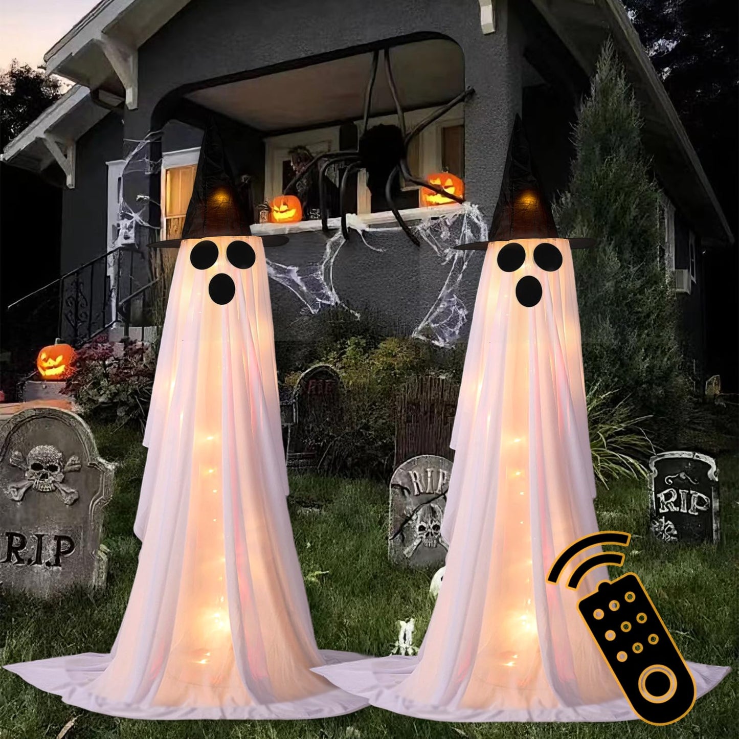 2Packs Halloween Decorations Outdoor,Halloweens Party Decoration Indoor,Spooky Ghost with Remote Control String Lights,Halloween-Ghost Lights for Porches Yards Gardens Lawn (Ghost Eyes)