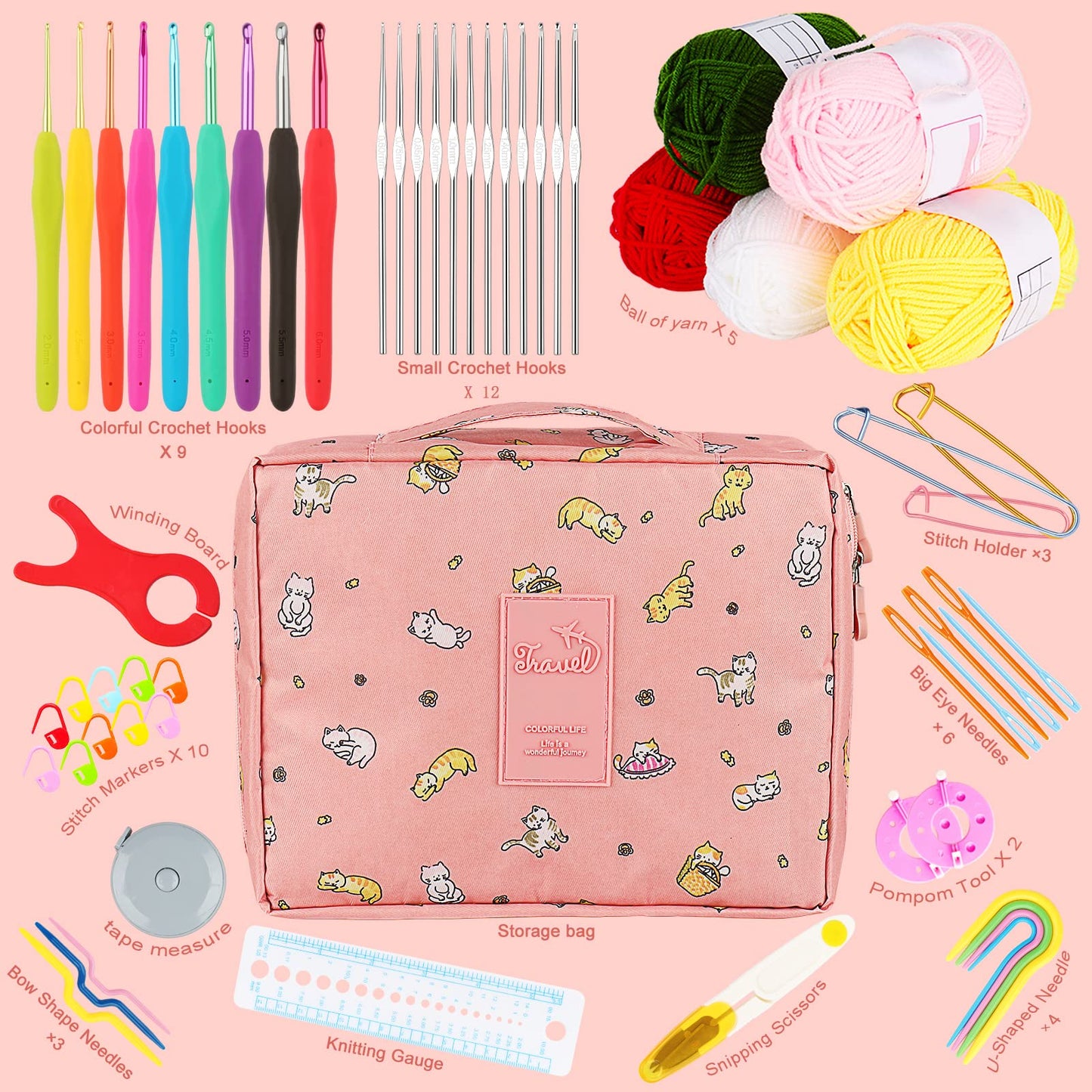 Aeelike Crochet Kit for Beginners Adults, Crochet Kits Include Yarn, 59pcs Crochet Starter Kit for Beginners,Ergonomic Crochet Hooks 2.0-6.0 mm, Lace Steel Needles 0.6-1.9 mm