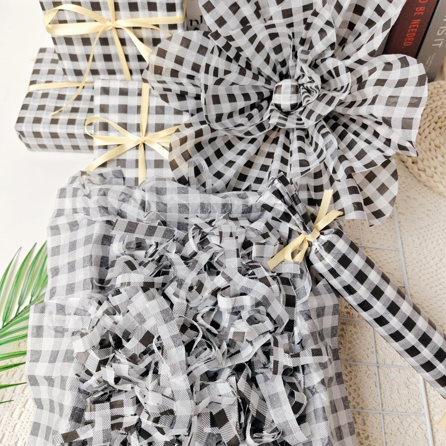 150 Sheets Buffalo Plaid Tissue Paper Gingham Black and White Checkered Tissue Paper Bulk Gift Bags Wrapping Tissue for Christmas DIY Art Craft Wedding Birthday Baby Shower Decor, 14 x 20 Inches
