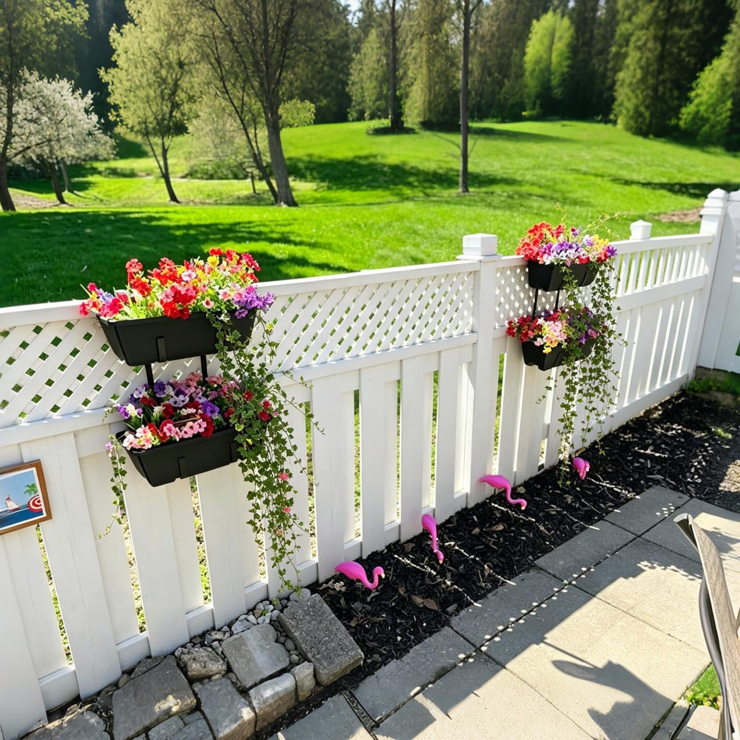 Railing Planter Box 2 Tier Window Boxes Planters Set of 2 with 4 Pack Flower Boxes 16.9 Inch Deck Railing Planter with Adjustable Brackets Black Balcony Fence Hanging Planters for Outdoor Porch Patio