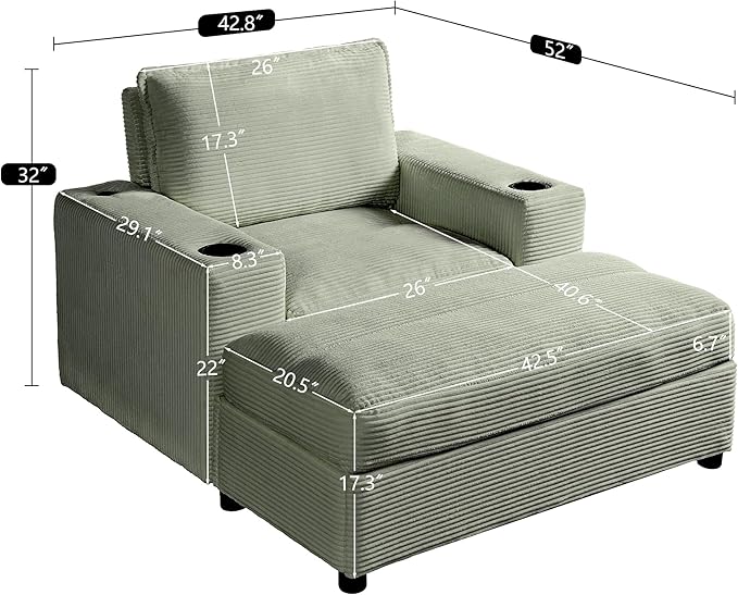 Christopher Knight Home Zoe Oversized Chaise Lounge Chair Indoor with Cup Holders & USB Charging Port, Corduroy Upholstered Sofa Bed + Ottoman with Storage, Comfy Deep Seat Sleeper Sofa Chair, Green