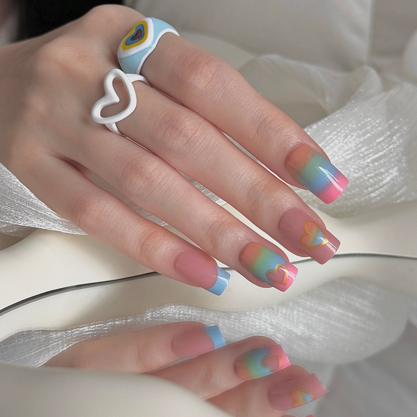 24 Pcs Rainbow Coffin Press on Nails - Colorful French Tip Acrylic Nails with Hollow Heart Design