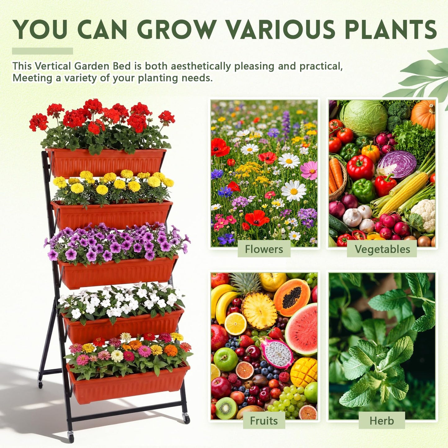 Briwooody 2 Pack 5 Tier Vertical Garden Planter with Wheels 4.5 ft Raised Garden Bed for Strawberry Herb Vegetable Flower Stackable Planter Boxes with Drainage for Patio Indoor Outdoor(Brick Red)