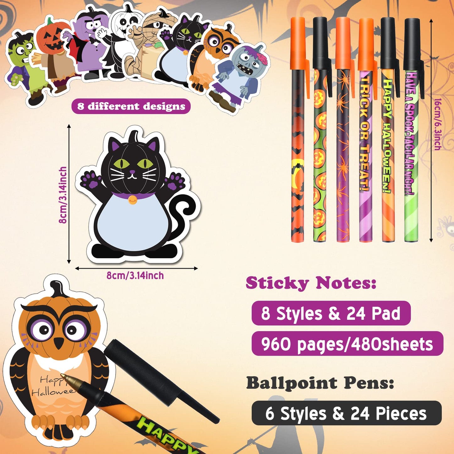 480 Sheets Halloween Sticky Notes 24 Pcs Halloween Ballpoint Pens and 24 Pads Halloween Sticky Notepad for Halloween Party Favor Gift Office Supplies