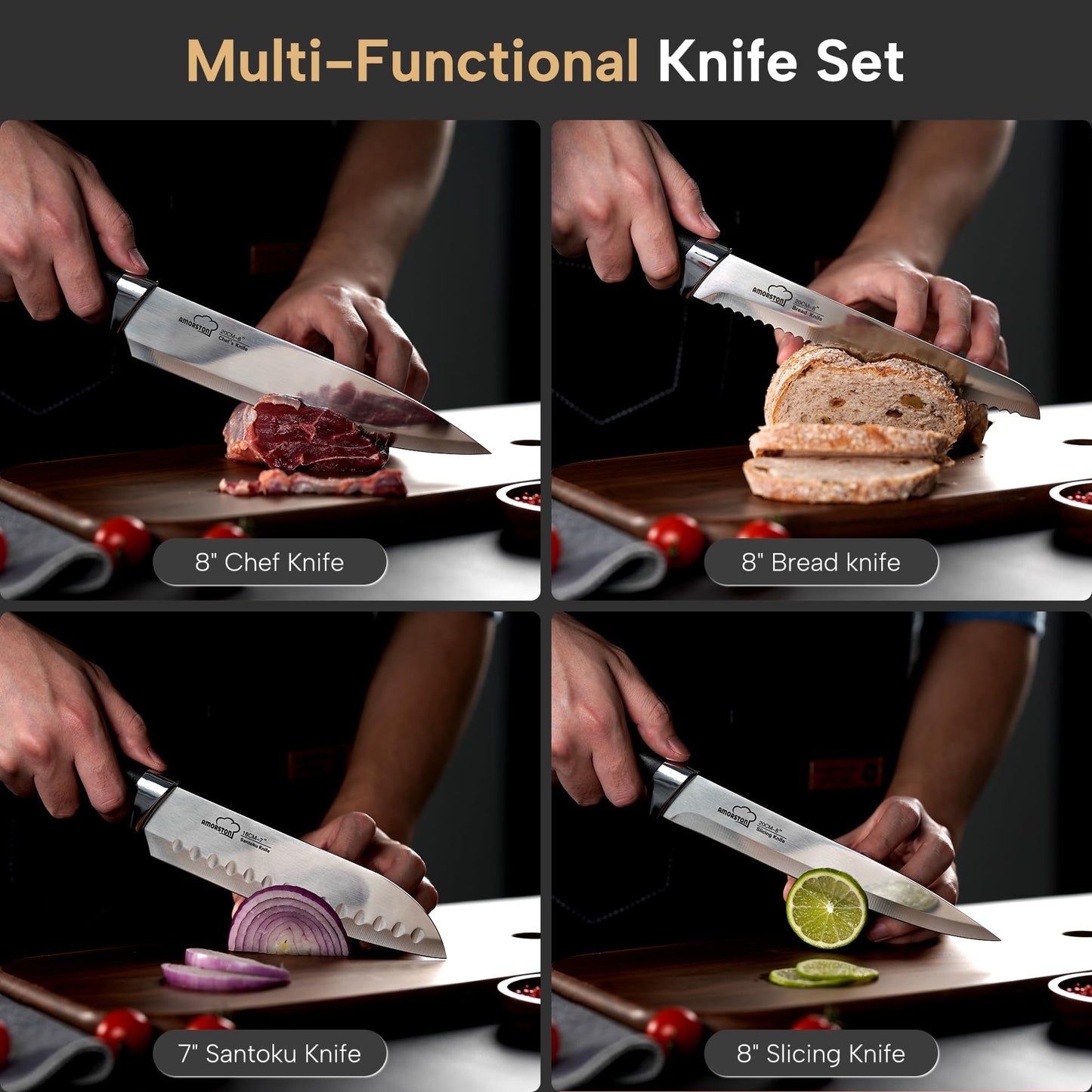 Knife Set, Amorston 14-Piece Kitchen Knives Set with Block & Sharpening Stone, Stainless Steel Dishwasher Safe, Knife Block Set with Ergonomic Handle, Professional Kitchen Knives for Home Cooking