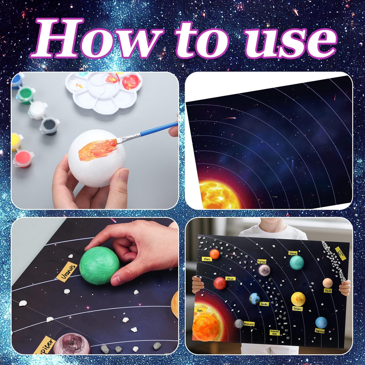 Innconee 20 Solar System Model Project Kit with 10 Foam Ball LED Lights 12 Pigment 2 Brushes Solar System Background DIY Outer Space Planet Foam for Kid School Science Projects Arts Crafts(Rectangle)