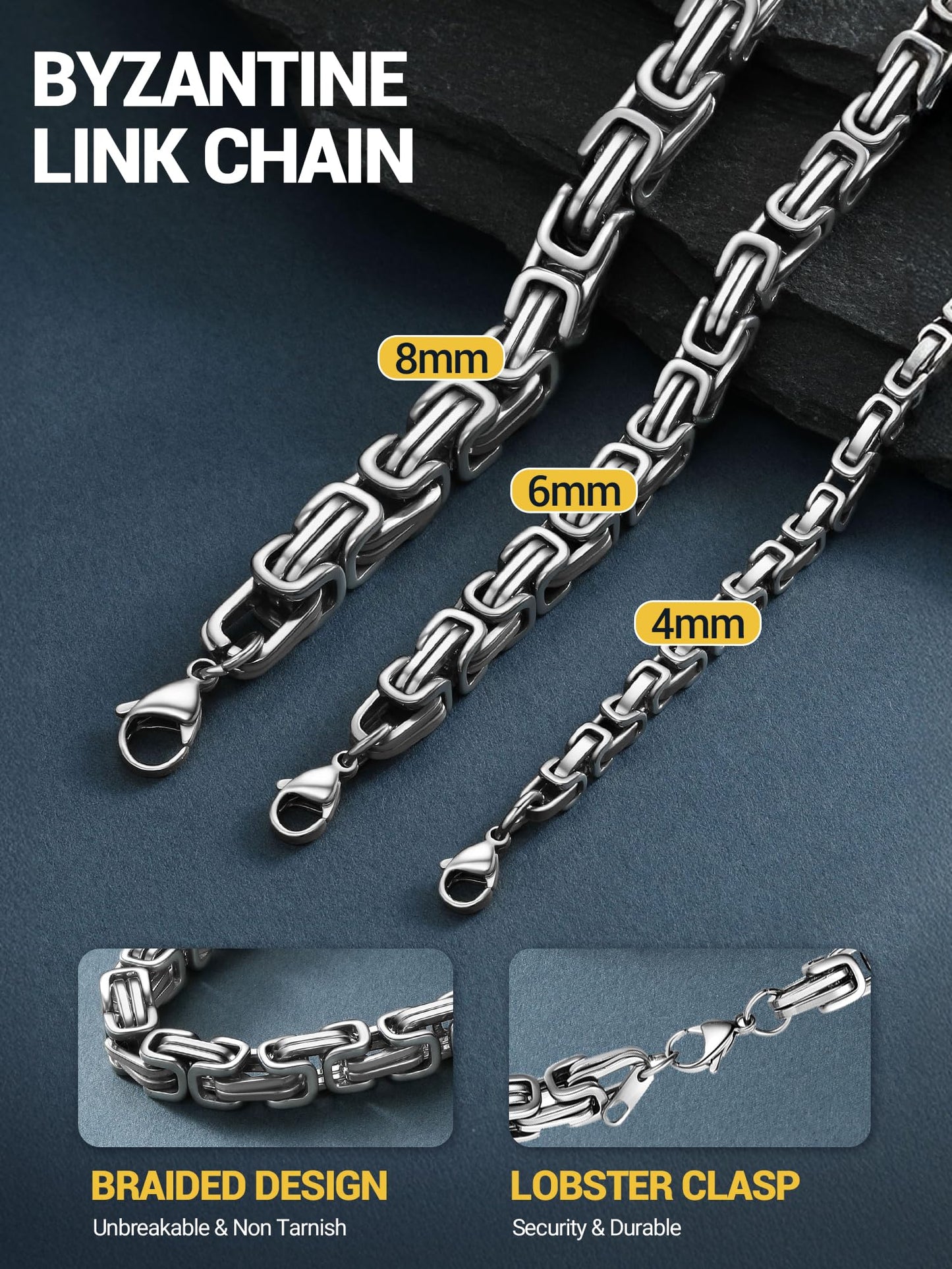 PROSTEEL Stainless Steel Chain Jewelry For Men 4mm Byzantine Chain Necklace