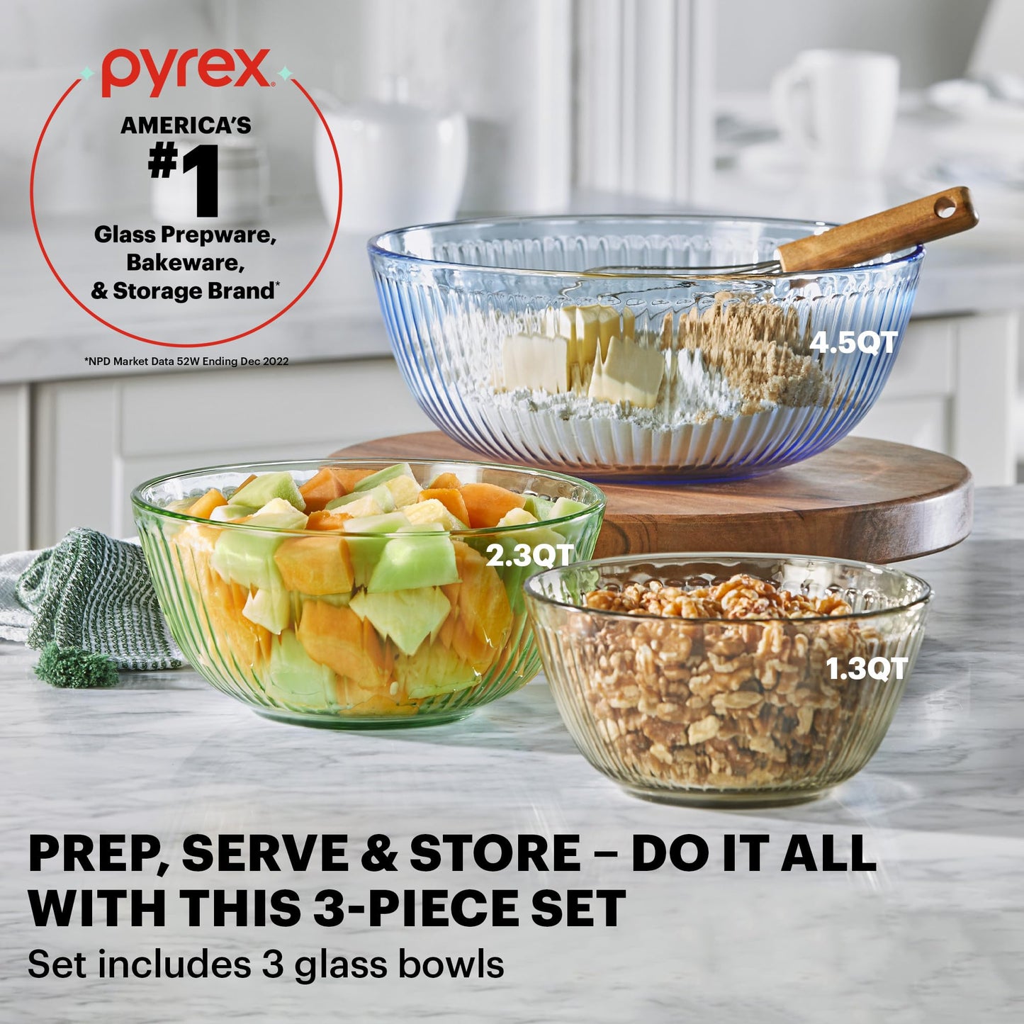 Pyrex Colors Tinted (3-Pack, Full Set) Sculpted Tinted Glass Mixing Bowls With Plastic Lids, Nesting Space Saving Set of Bowls For Prepping and Baking, 1.3QT, 2.3QT & 4.5QT