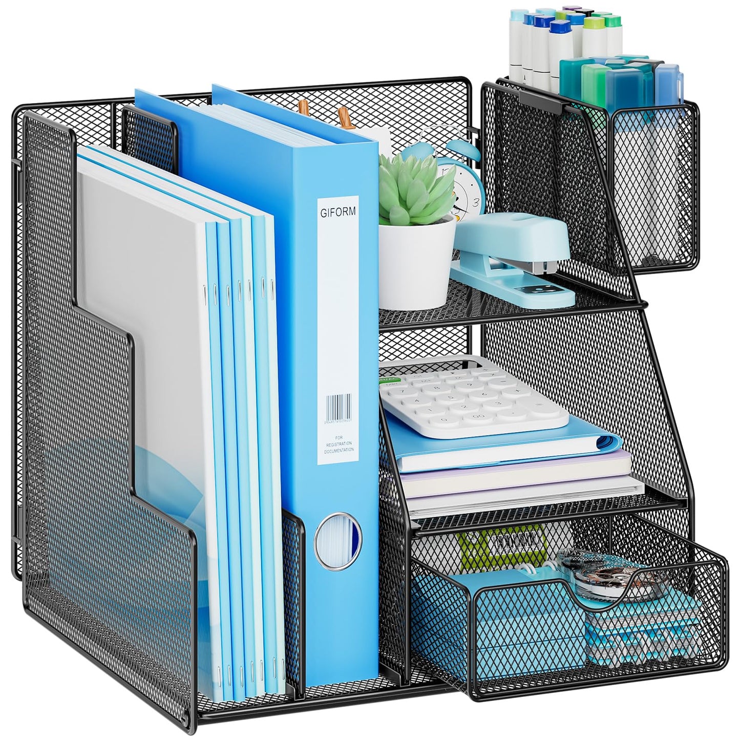 Marbrasse Desk Organizer and Accessories, 3-Tier File Organizer with Drawer and Pen Holder, Small Desktop Organizer and Storage for Workspace Office Supplies Black